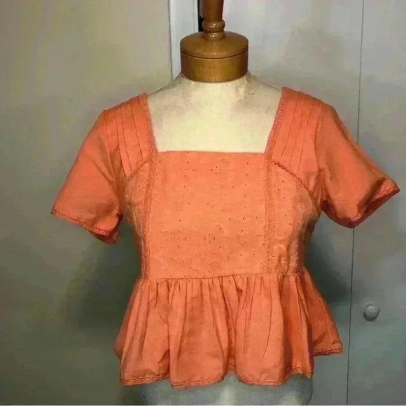 Midnight Sky Peach Peplum Eyelet Top Square neck Embroidered trim size Medium - Picture 3 of 13